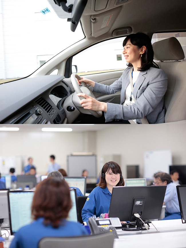運転中の様子と執務スペースでの業務中の様子