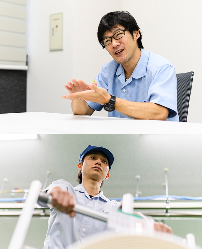製造オペレーターのやりがいについて語っている様子と業務中の様子