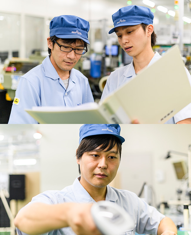 資料を確認し合っている様子と製品を確認している様子