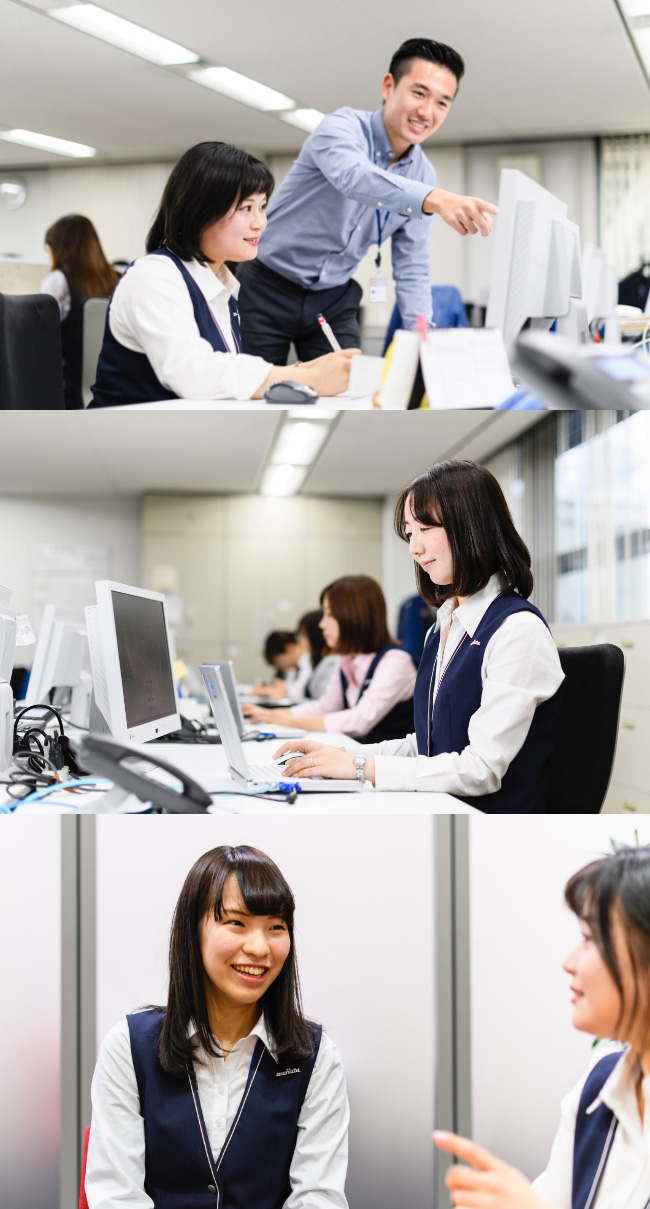 先輩社員とモニタを確認しながら業務を進めている様子とPCを操作している様子
