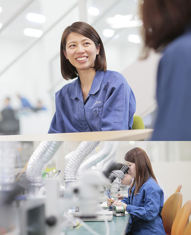 発言している様子と顕微鏡を覗いている様子