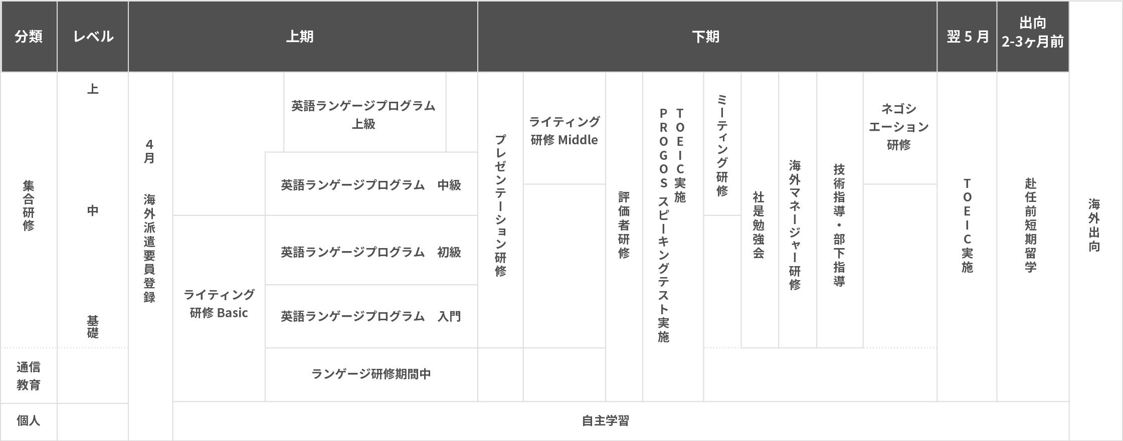 【上期】集合研修：4月海外派遣要員登録、ライティング研修Basic（レベル：基礎～中）、英語ランゲージプログラム　初級（レベル：基礎～中）、英語ランゲージプログラム入門（レベル：基礎）、英語ランゲージプログラム中級（レベル：中）、英語ランゲージプログラム上級（レベル：上）。通信教育：ランゲージ研修期間中。個人：自主学習。【下期】集合研修：プレゼンテーション研修、ライティング研修Middle（レベル：上）、評価者研修、TOEIC実施 PROGOS（スピーキングテスト）実施、ミーティング研修（レベル：上）、社是勉強会、海外マネージャー研修、技術指導・部下指導研修、ネゴシエーション研修（レベル：上）。個人：自主学習。【翌5月】TOEIC実施。【出向2～3ヵ月前】赴任前短期留学。海外出向